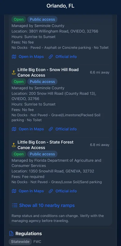 Nearby public ramps near Lake Price: named canoe launches with distance, Open and Public access status, managing agency, street address, sunrise-to-sunset hours, fee notes, parking-surface details, Open in Maps and Official info links, and a Show all 10 nearby ramps control.