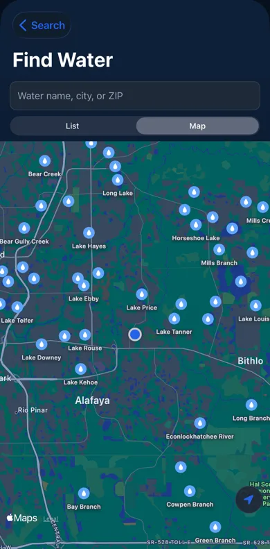 Find Water map with dozens of named lake and river pins around the user's current location in east Orlando, with search by water name, city, or ZIP
