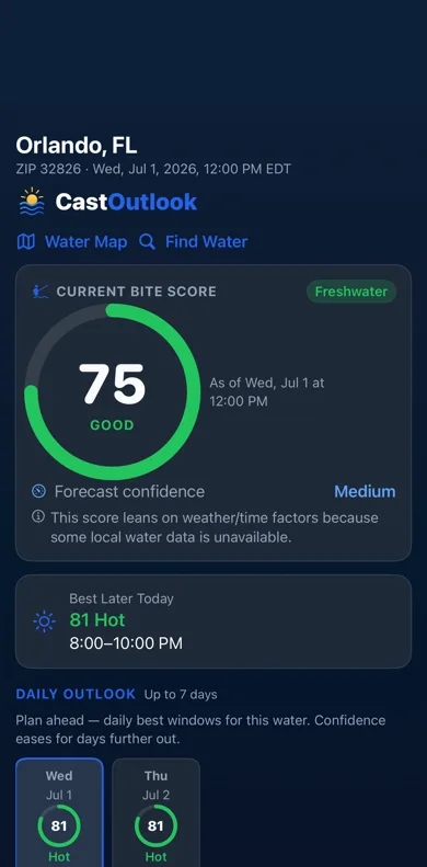 Forecast screen for Orlando: Bite Score 75 Good with forecast confidence, a best window later today of 81 Hot from 8 to 10 PM, and the start of the 7-day daily outlook