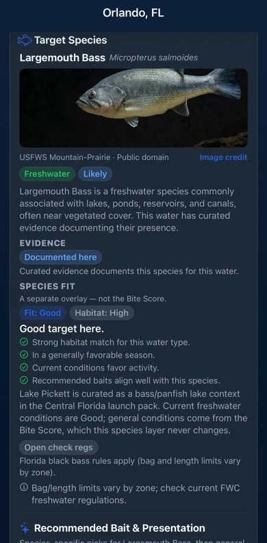 Target Species screen: Largemouth Bass with a licensed photo, documented evidence for this water, a Species Fit of Good with High habitat match, and the reasons it is a good target today